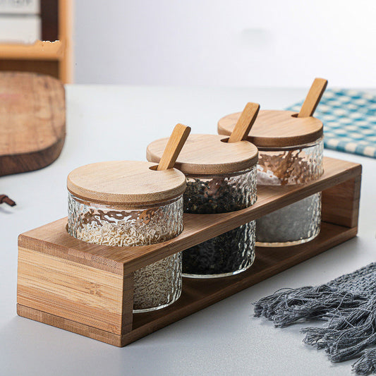 Japanese Hammer Pattern Seasoning Pot - Set of 3 with Bamboo Base and Spoons