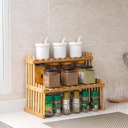 Adjustable Bamboo Spice Rack - 2 Layer Wooden Storage Shelf for Kitchen Countertops