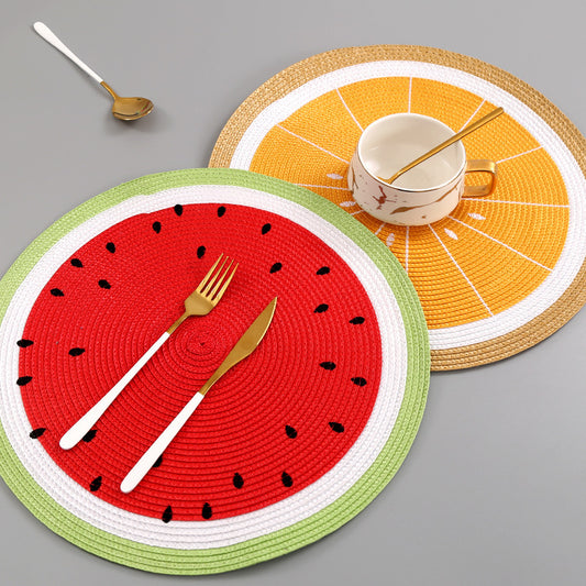 Woven Round Western Placemat & Potholder - Environmental Protection Table Mat, Cartoon Pattern - Watermelon and Lemon Designs