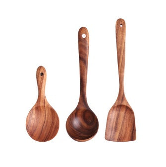 1-7Pcs Natural Wood Teak Tableware Set: Spoon, Colander, Nano Soup Skimmer, Wooden Cooking Spoon Kitchen Tool Kit