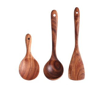 1-7Pcs Natural Wood Teak Tableware Set: Spoon, Colander, Nano Soup Skimmer, Wooden Cooking Spoon Kitchen Tool Kit