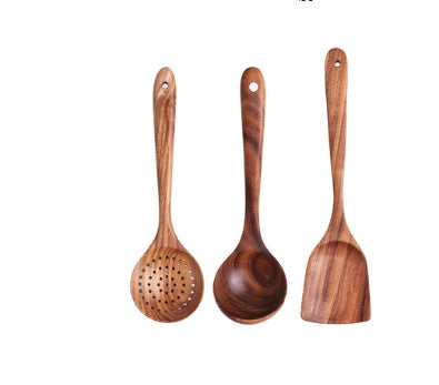 1-7Pcs Natural Wood Teak Tableware Set: Spoon, Colander, Nano Soup Skimmer, Wooden Cooking Spoon Kitchen Tool Kit