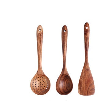 1-7Pcs Natural Wood Teak Tableware Set: Spoon, Colander, Nano Soup Skimmer, Wooden Cooking Spoon Kitchen Tool Kit