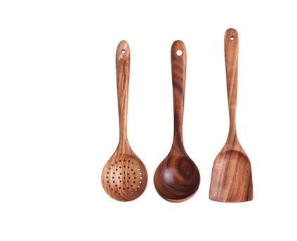 1-7Pcs Natural Wood Teak Tableware Set: Spoon, Colander, Nano Soup Skimmer, Wooden Cooking Spoon Kitchen Tool Kit