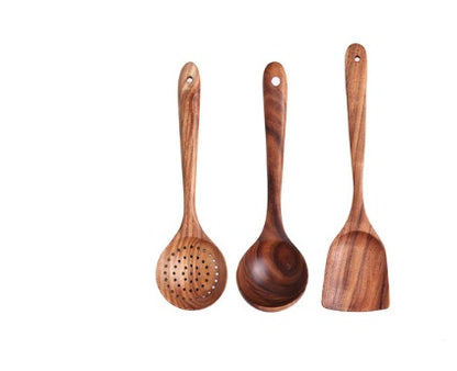 1-7Pcs Natural Wood Teak Tableware Set: Spoon, Colander, Nano Soup Skimmer, Wooden Cooking Spoon Kitchen Tool Kit