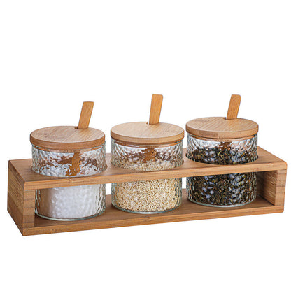 Japanese Hammer Pattern Seasoning Pot - Set of 3 with Bamboo Base and Spoons