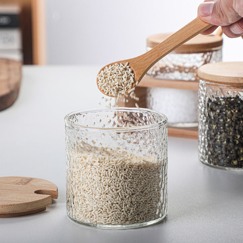 Japanese Hammer Pattern Seasoning Pot - Set of 3 with Bamboo Base and Spoons