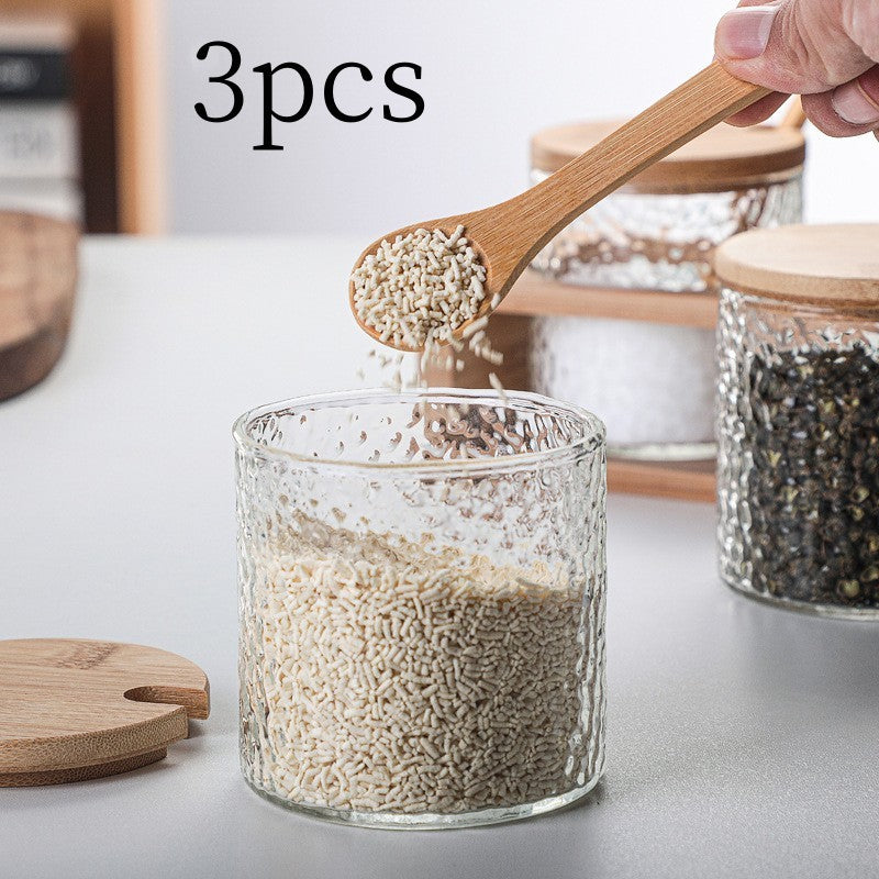 Japanese Hammer Pattern Seasoning Pot - Set of 3 with Bamboo Base and Spoons