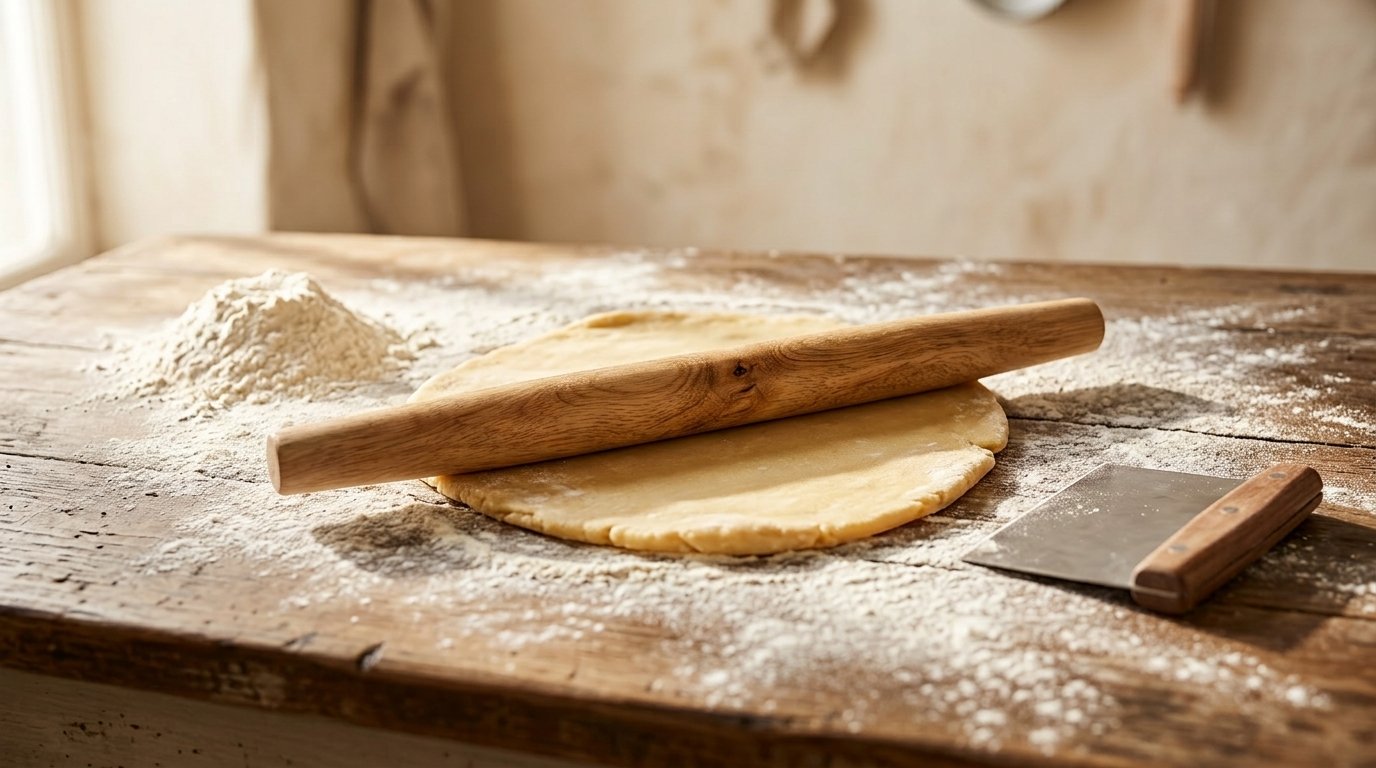 A floured countertop with a rolling pin and dough
