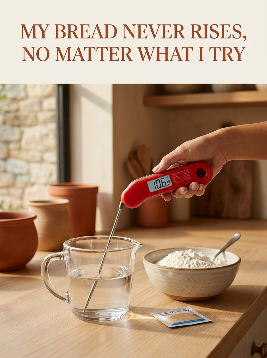 Hand holding a red thermometer checking water temperature for bread dough