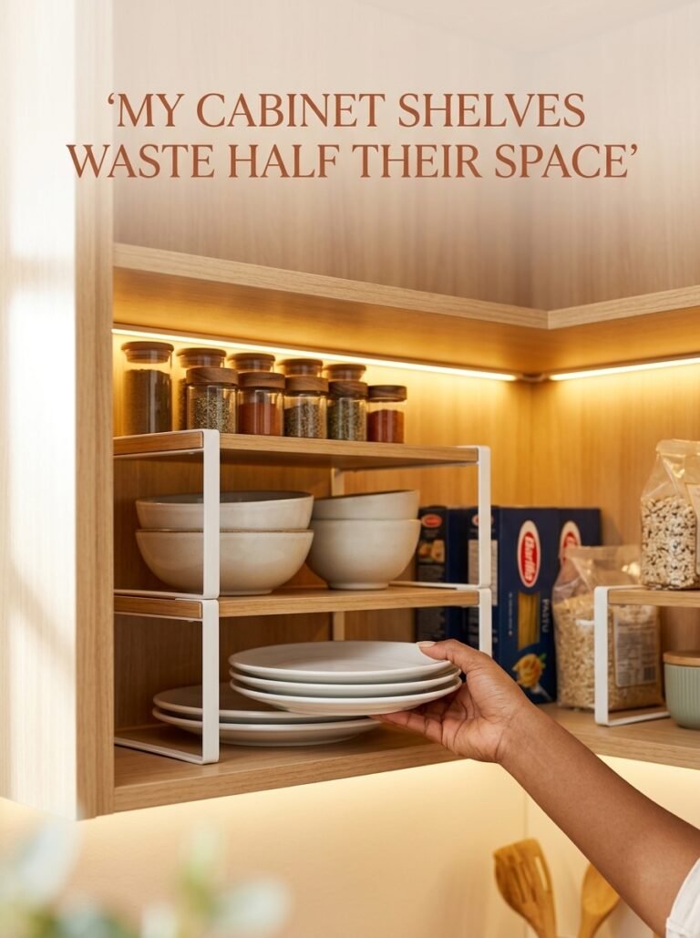 Hand placing plates on a stackable cabinet shelf riser