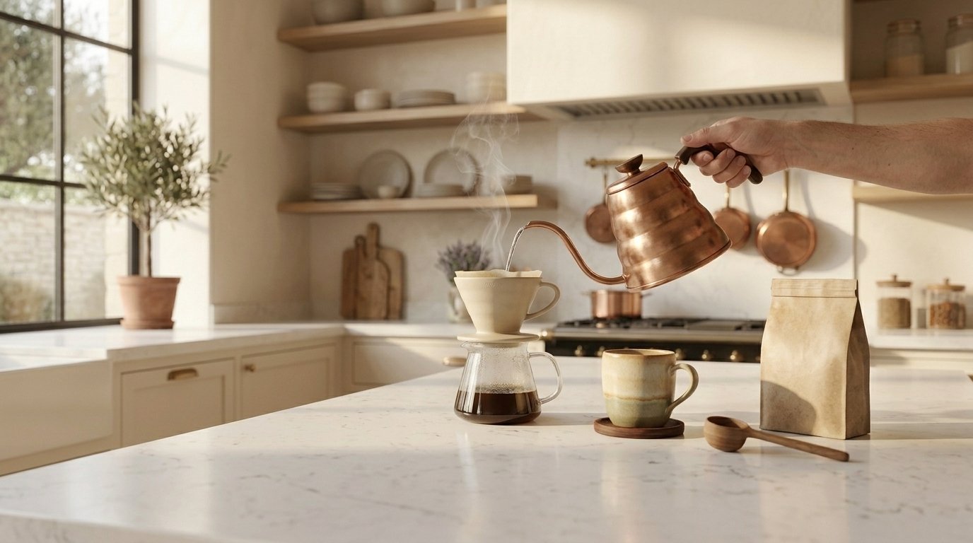 A gooseneck kettle pouring over a coffee dripper