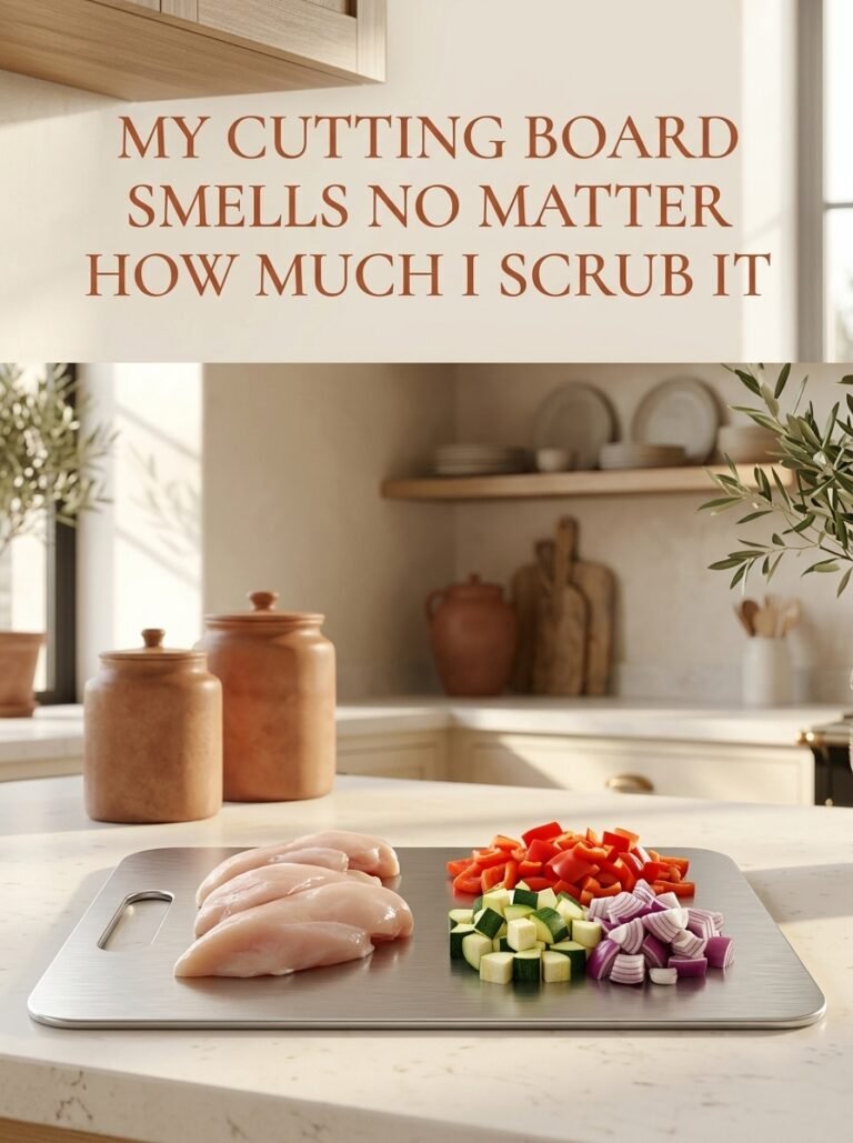 Raw chicken and chopped vegetables on a stainless steel cutting board with headline text