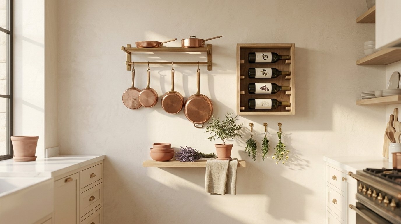 A styled kitchen wall with a pot rack and wine rack