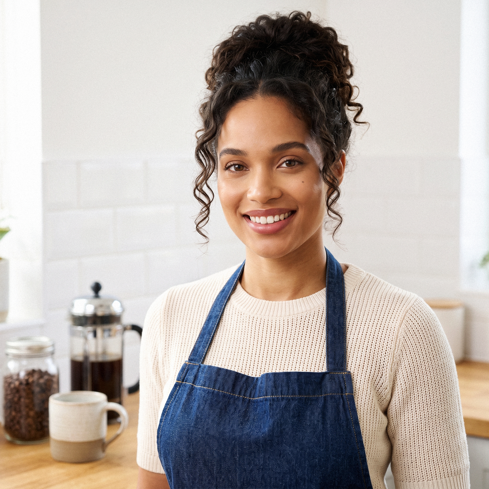 Ebun smiling in her kitchen wearing a denim apron