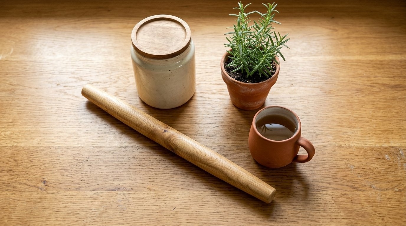 A flat-lay of a rolling pin, ceramic canister, herb, and mug