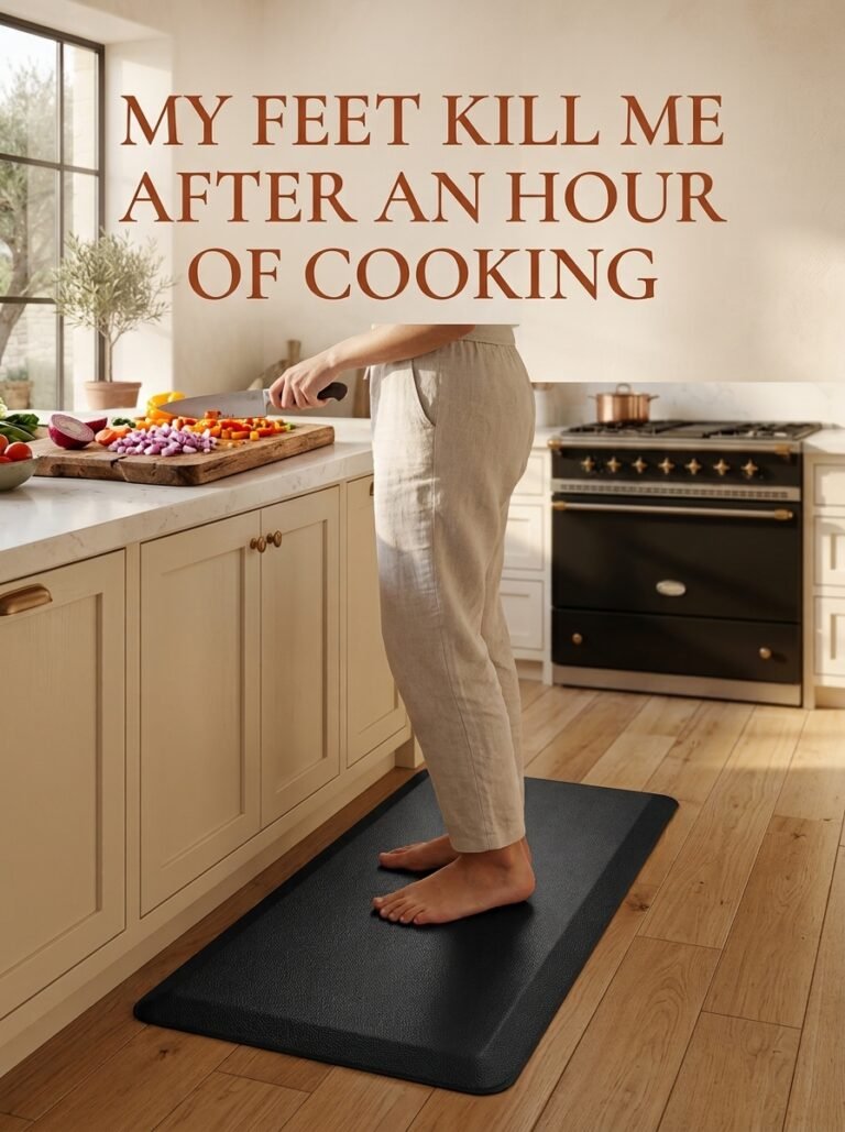 Standing on a black anti-fatigue mat while chopping vegetables
