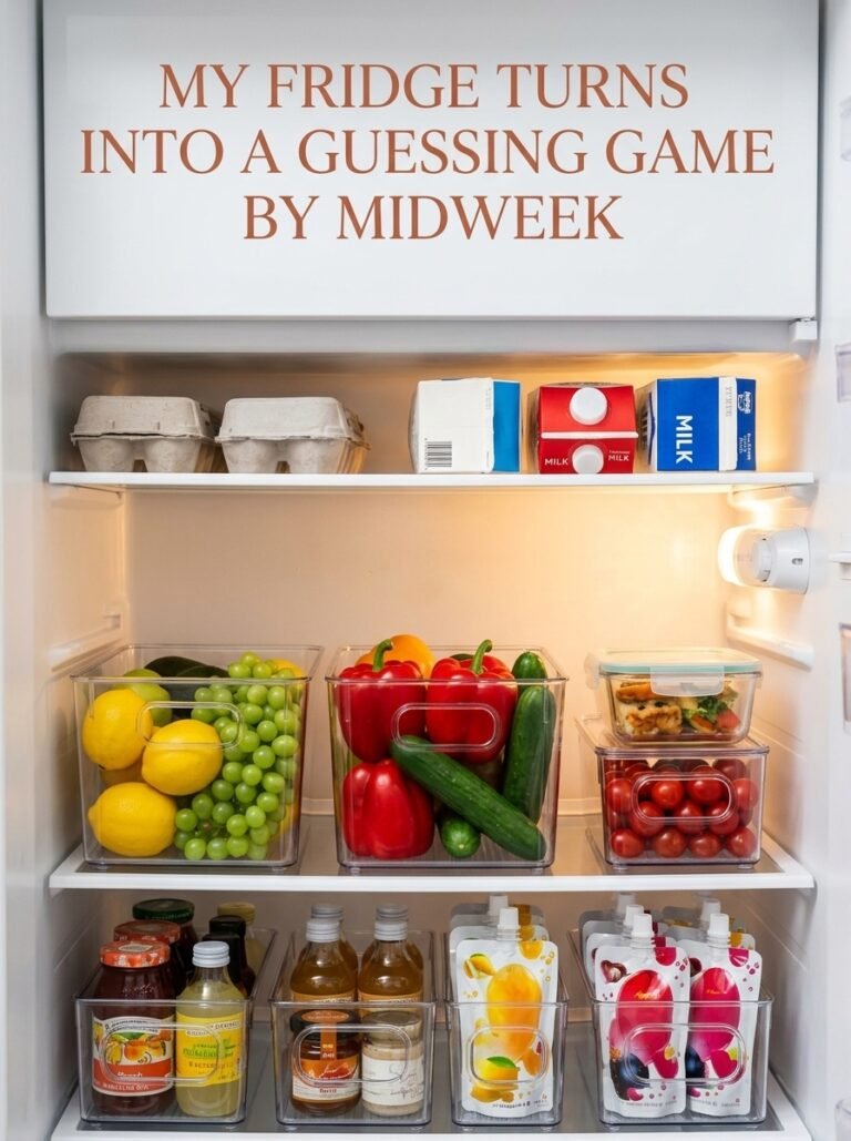 Open refrigerator with clear bins holding organized produce
