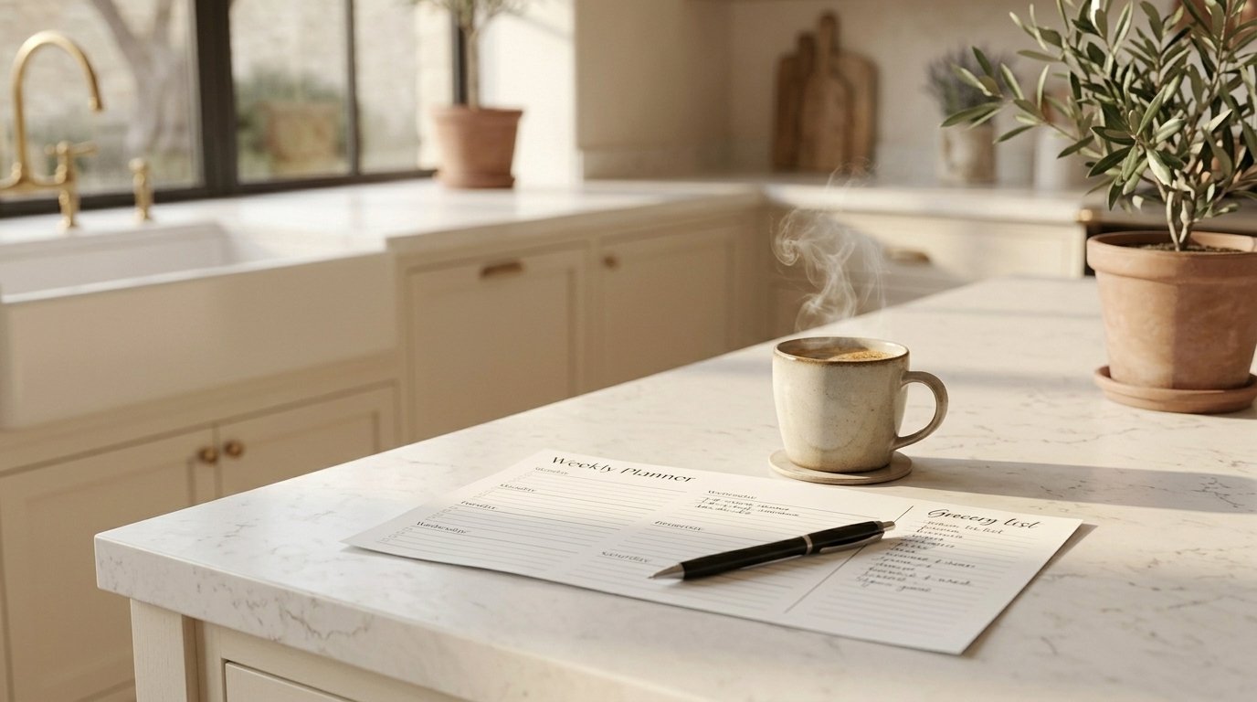 A weekly planner and grocery list on a kitchen counter with coffee
