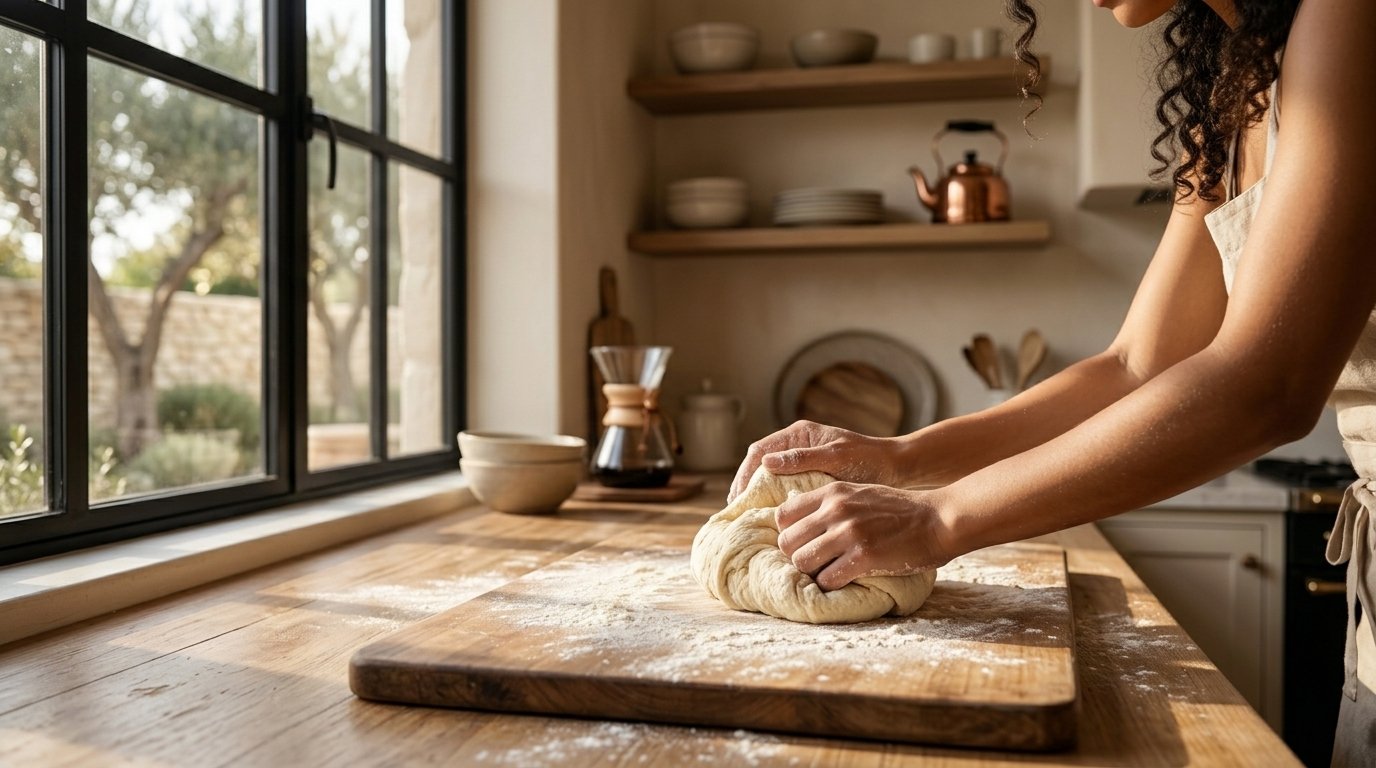 A wide kitchen counter with hands kneading dough in warm morning light