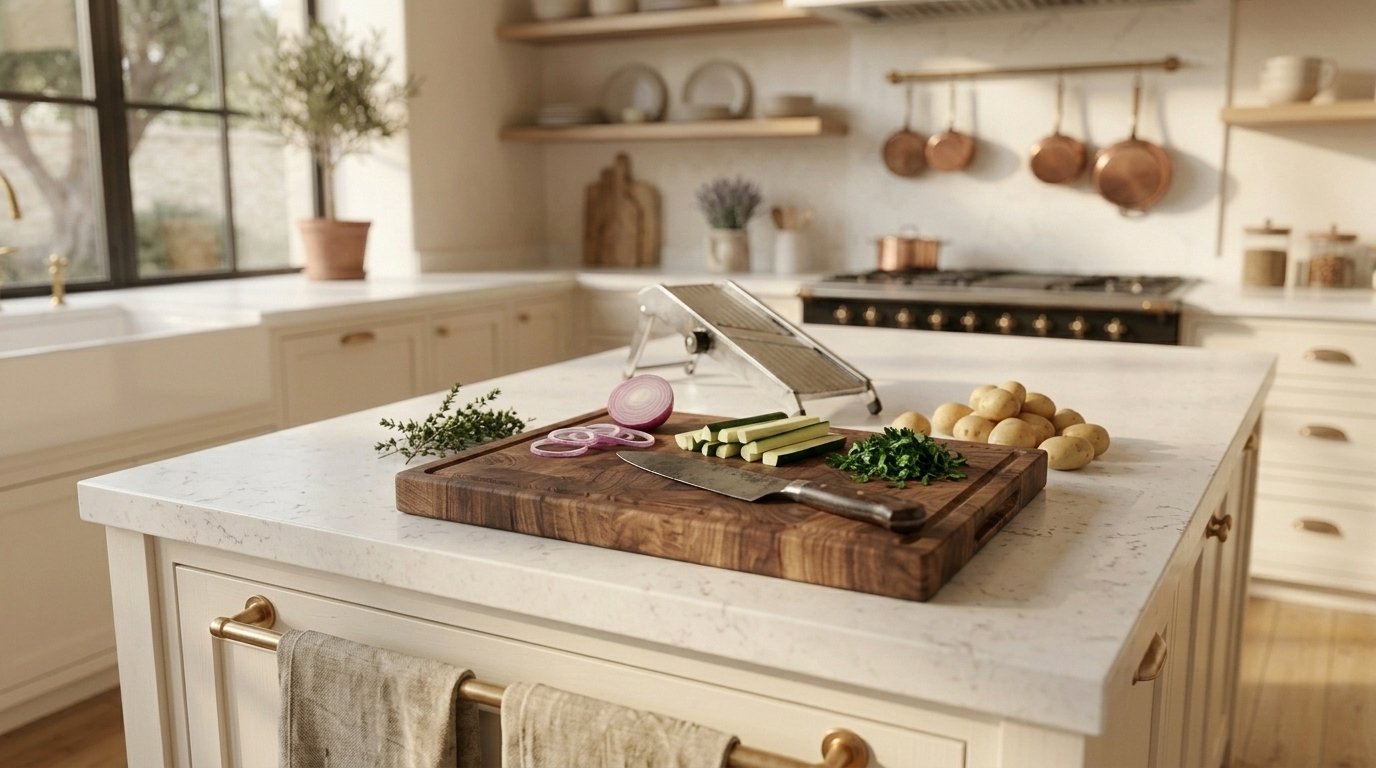 A chef's knife and mandoline on a wood cutting board
