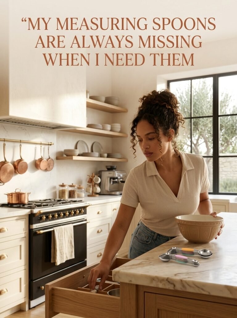 Woman searching a drawer for measuring spoons mid-recipe