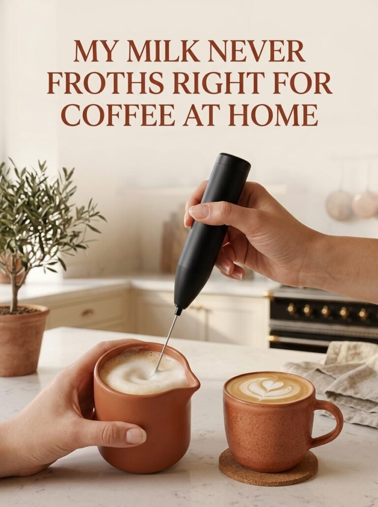 Hand frothing milk with a handheld frother next to a latte
