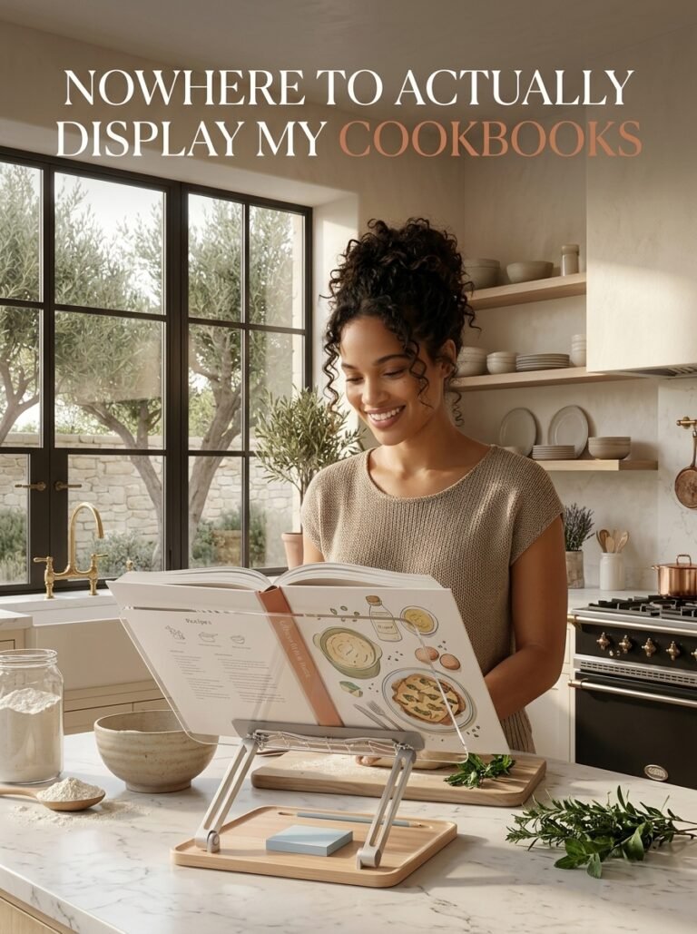 Woman reading a cookbook held open on an acrylic stand