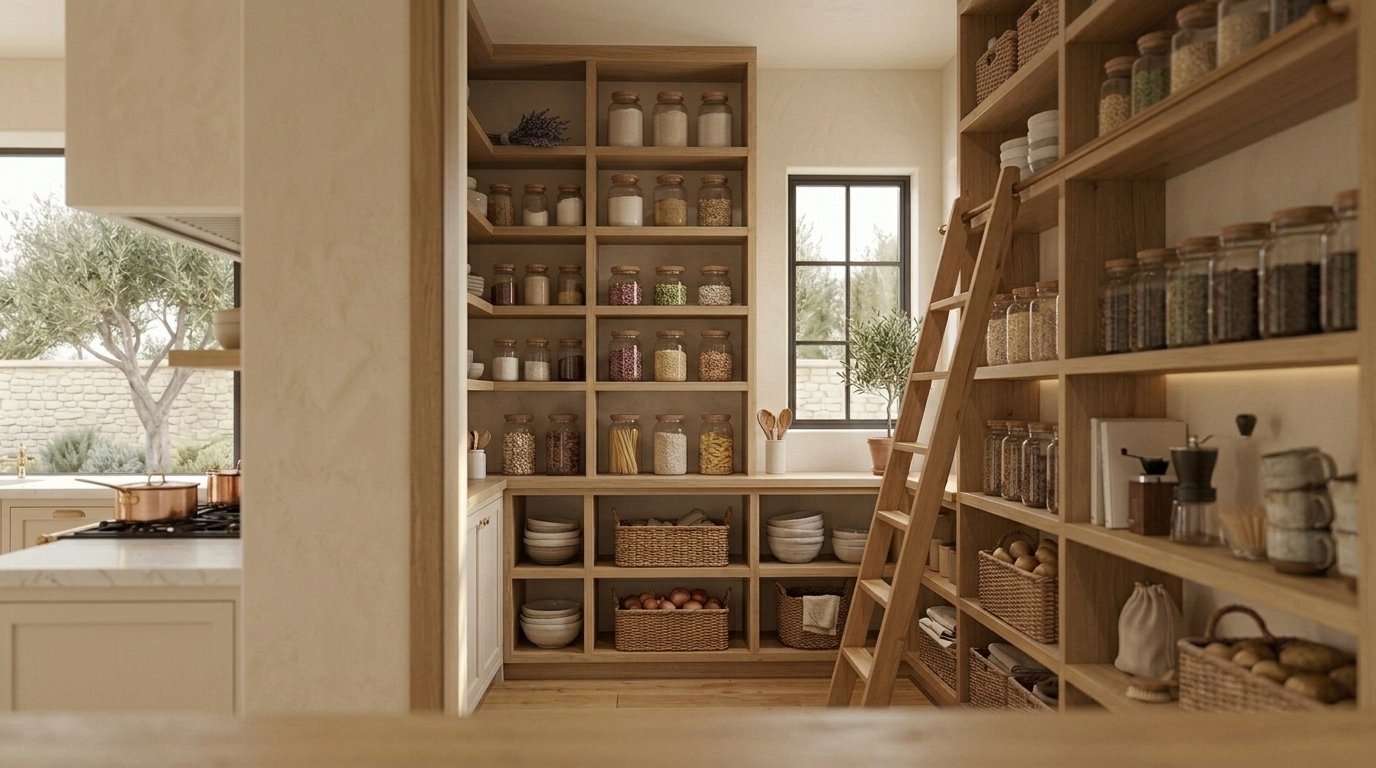 An organized pantry shelf with matching containers