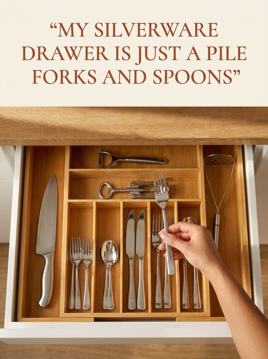 Hand placing a fork into a bamboo flatware organizer drawer