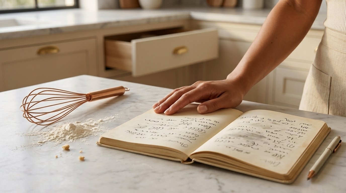 A hand resting on an open handwritten notebook on a kitchen counter