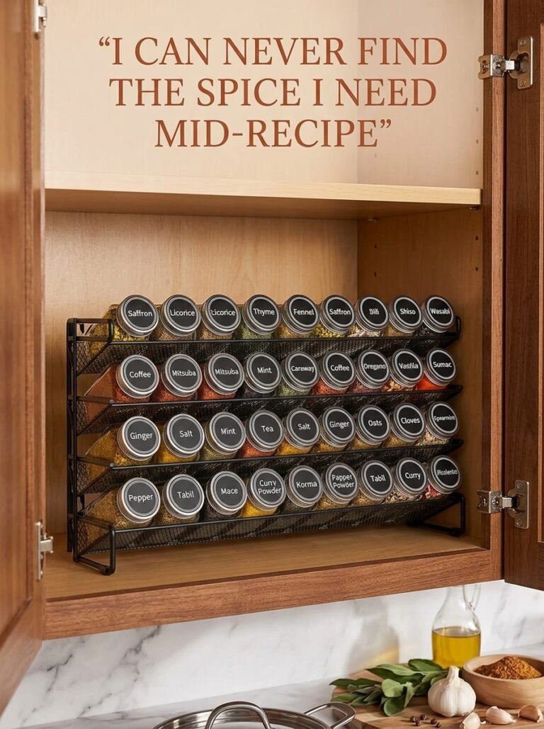 Hand reaching for a labeled spice jar in a tiered cabinet rack