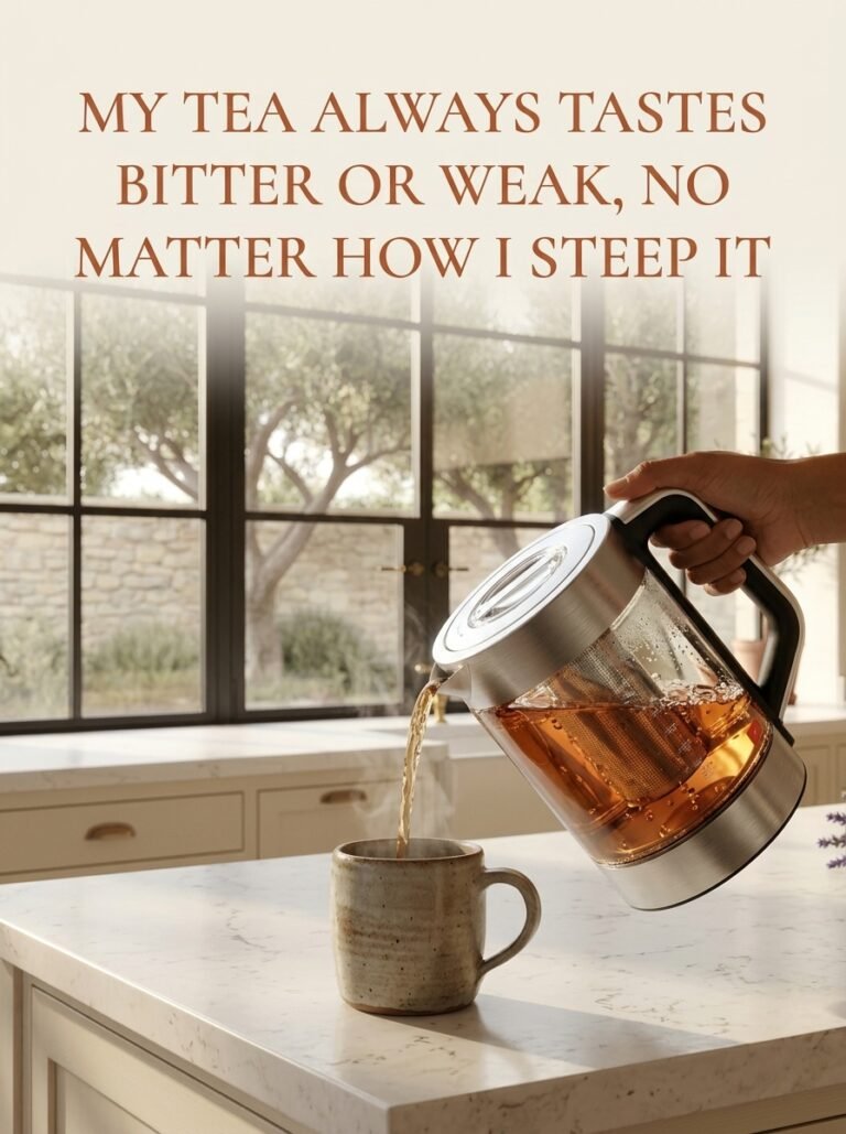Pouring tea with visible infuser from a glass electric kettle into a mug